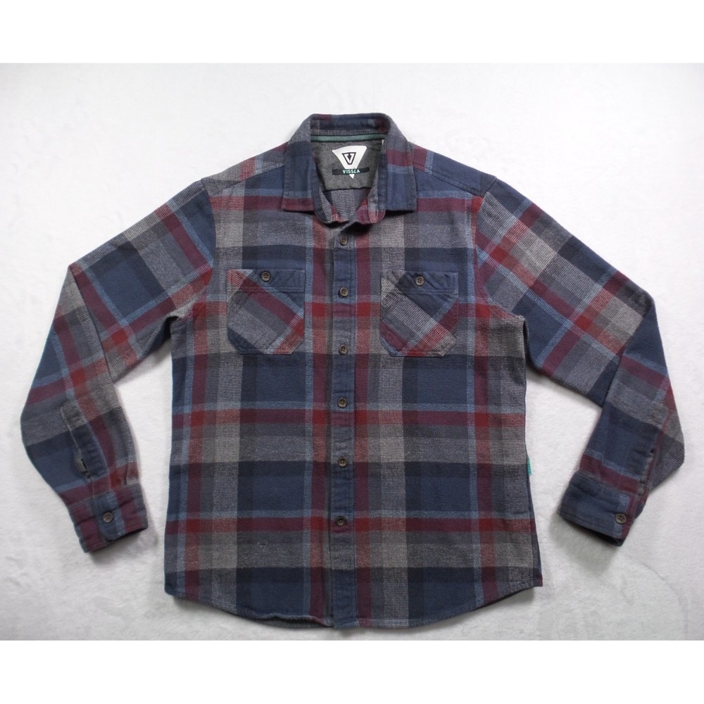 Vissla Shirt Mens Size Small Blue Gray Plaid Button Up Pockets Flannel